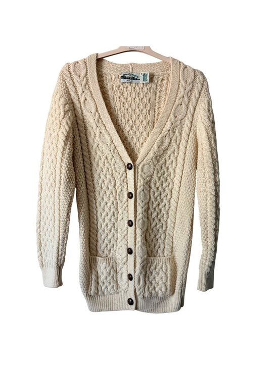 Arancrafts Sweaters - Vintage Arancrafts Ireland 100% Merino Wool Cable Knit Cardigan Sweater Size M